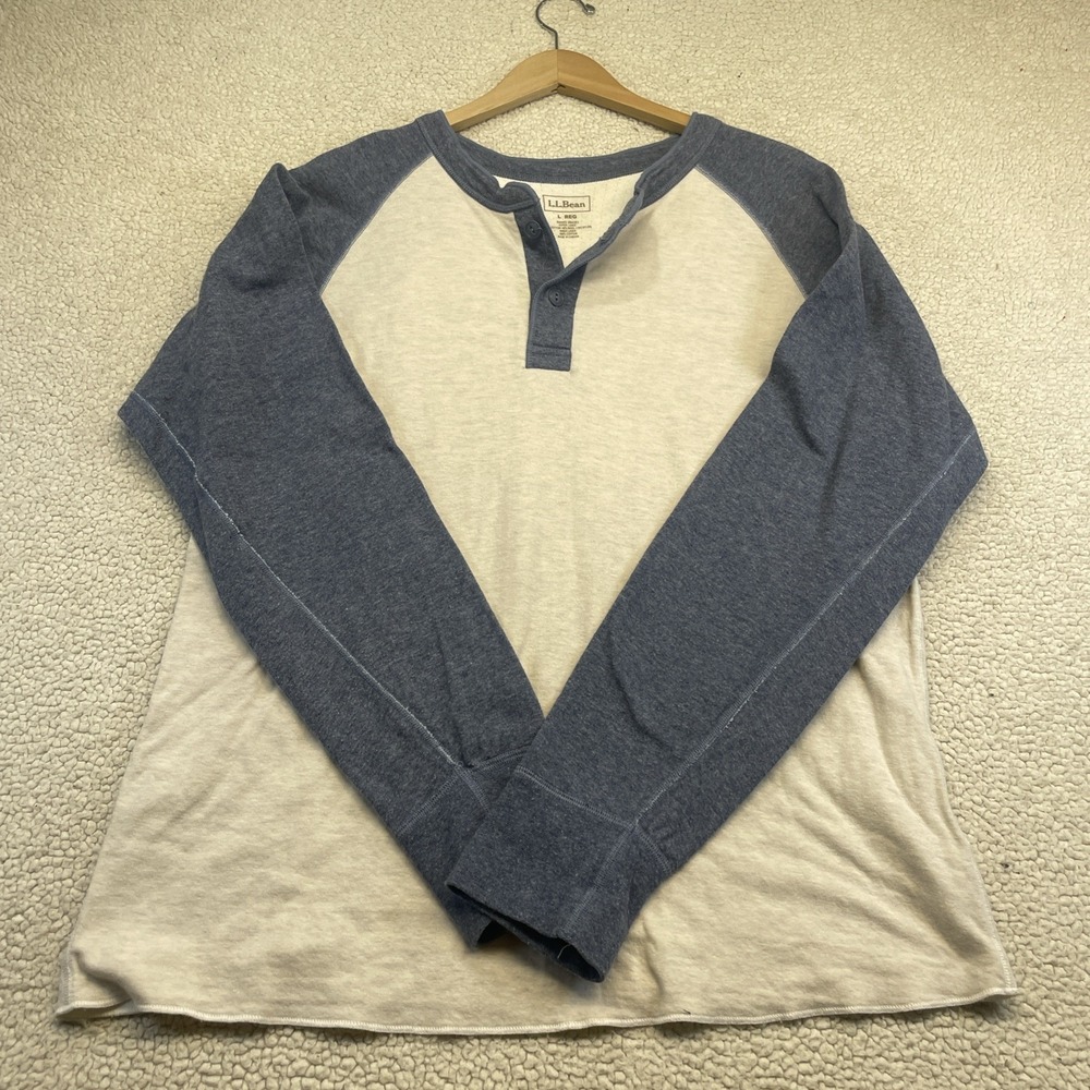 LL Bean Henley Mens L Blue Oatmeal Raglan Baseball Long Sleeve Wool Blend Shirt - Picture 2 of 7